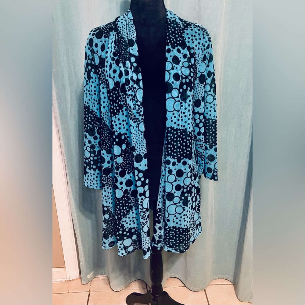 Teal & Black Printed Liquid KniT  Open Front Cardigan Size XL N TOUCH Geometric
